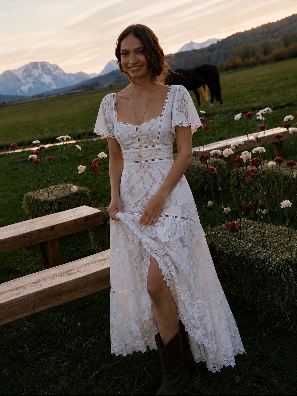 Anthropologie | Slim White Lace Floral Cottage Core Bridal Maxi Dress ~ US 10P